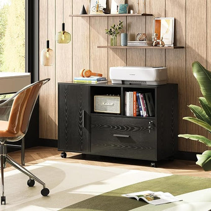 DEVAISE Office File Cabinet with Lock, 1-Drawer Wood Lateral Filing Cabinet on Wheels, Printer Stand with Open Storage Shelves for Home Office, Black