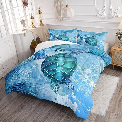 CVHOUSE Sea Turtle Bedding Set,Sea Turtle Comforter Queen,Ocean Bohemia Comforter Set for Boys Kids Girls,Ocean Quilt Set with 1 Comforter and 2 Pillow Cases