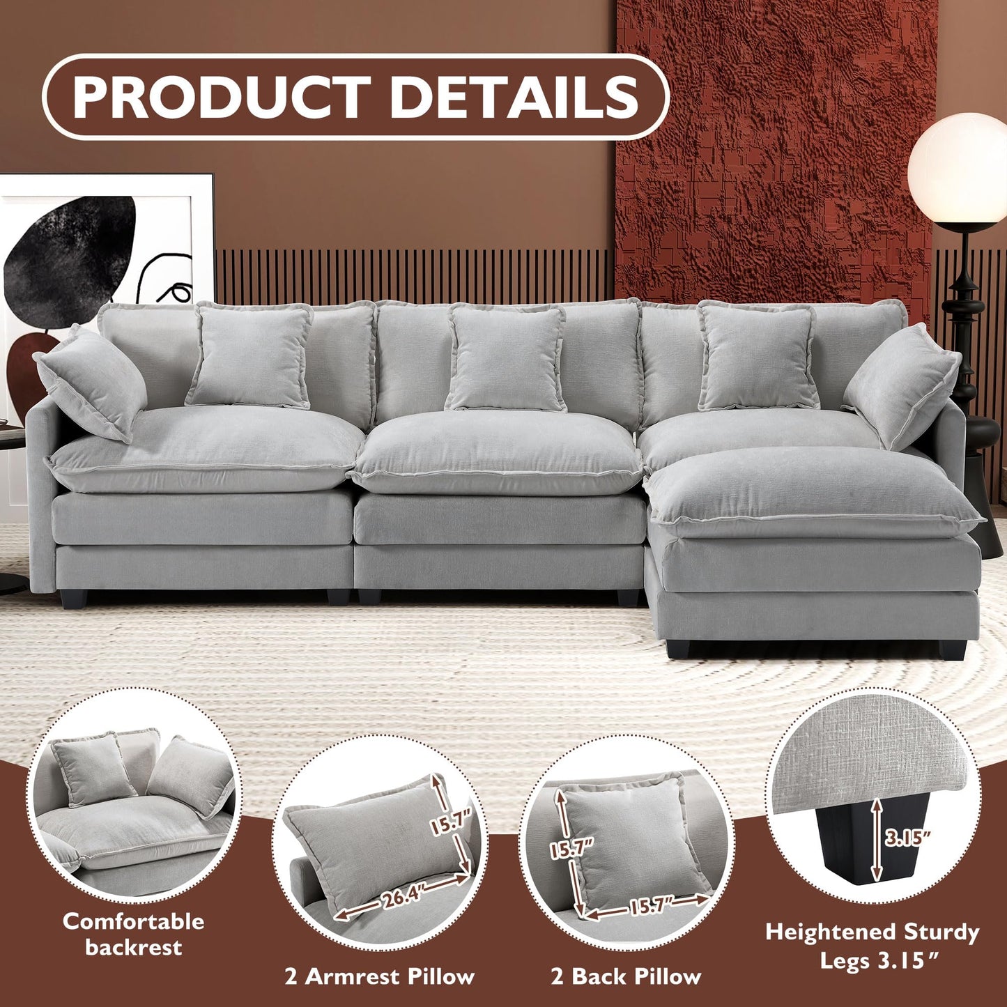 Ihanherry 111.4" L Shaped Modern Sofa Modular Sectional Cloud Couch with Ottoman, 4-Seat Chenille Deep Seat Sofa with Pillow for Living Room, Bedroom and Apartment, Beige