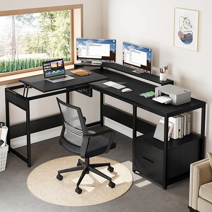 YITAHOME L Shaped Desk with File Drawer, 65" Large Computer Desk Corner Desk with Lift Top, Standing Desk Height Adjustable with Monitor Stand & Storage Shelves for Home Office, Black