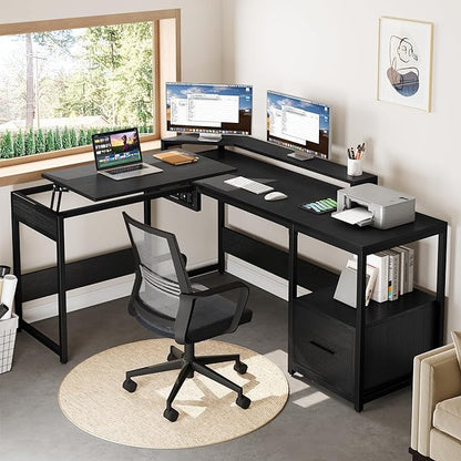 YITAHOME L Shaped Desk with File Drawer, 65" Large Computer Desk Corner Desk with Lift Top, Standing Desk Height Adjustable with Monitor Stand & Storage Shelves for Home Office, Black