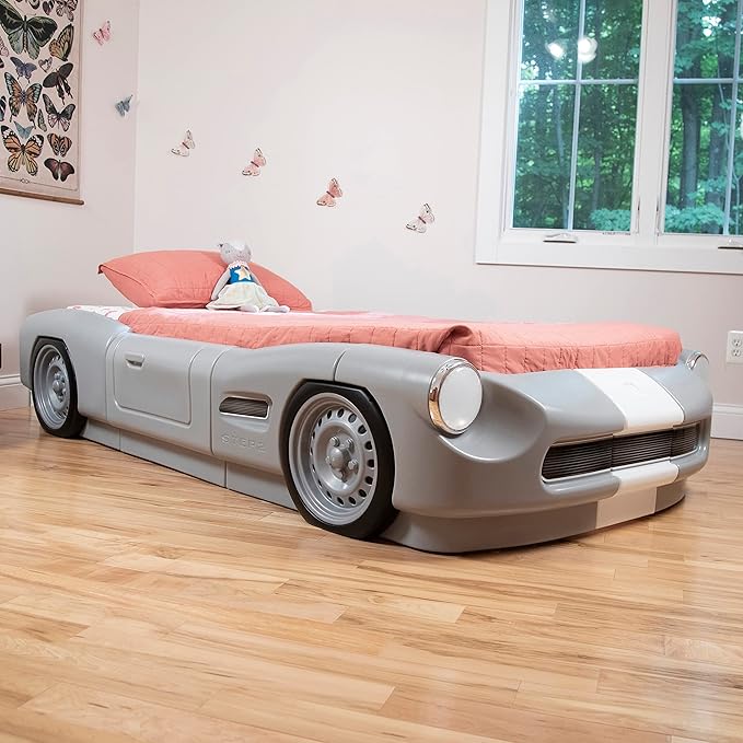 Step2 Roadster Toddler-to-Twin Bed, Crib to Twin Transition Race Car Bed, Adjustable, Ages 3+ Years Old, Easy Assembly, Gray