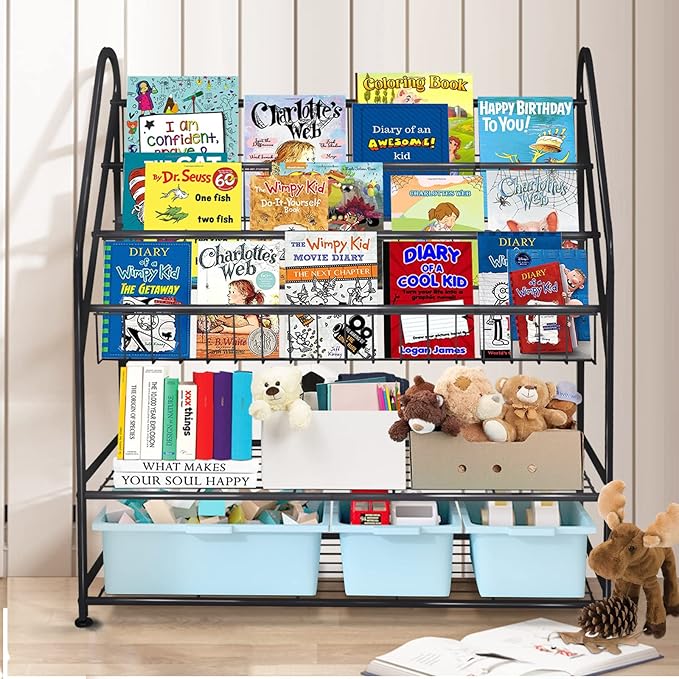 aboxoo Metal Kids Bookshelf Black Large Freestanding for Children Room 32 in Toy Organizer Large Stable Bookcase Bookstore Library Book Unit Storage Kids Bed Living Room