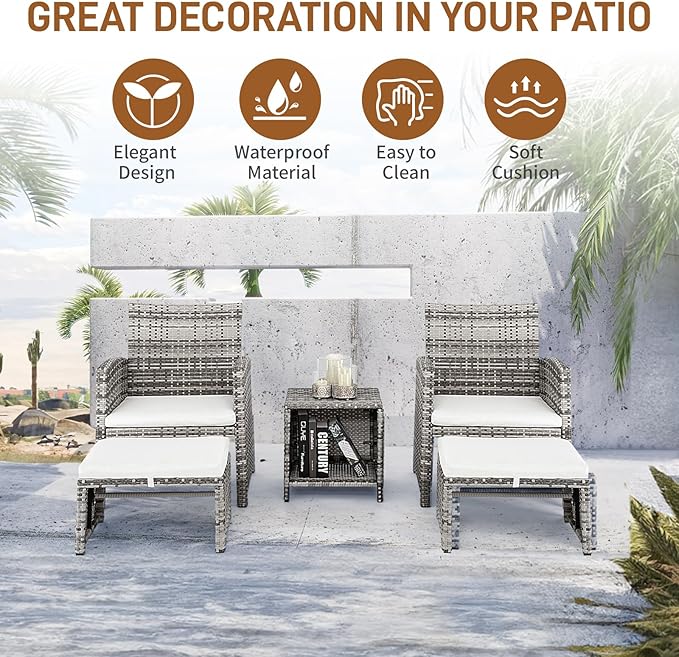 Outvita 5 Pieces Patio Furniture Set, Outdoor Rattan Sectional Sofa Conversation Sets with Coffee Table, Single Sofa and Ottoman for Garden Backyard Balcony Porch Poolside(Gray Gradient)