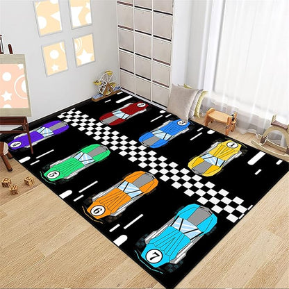Race Car Area Rug, 47 x 31 in, Low Pile, Handmade, for Boys Room Decor, Black