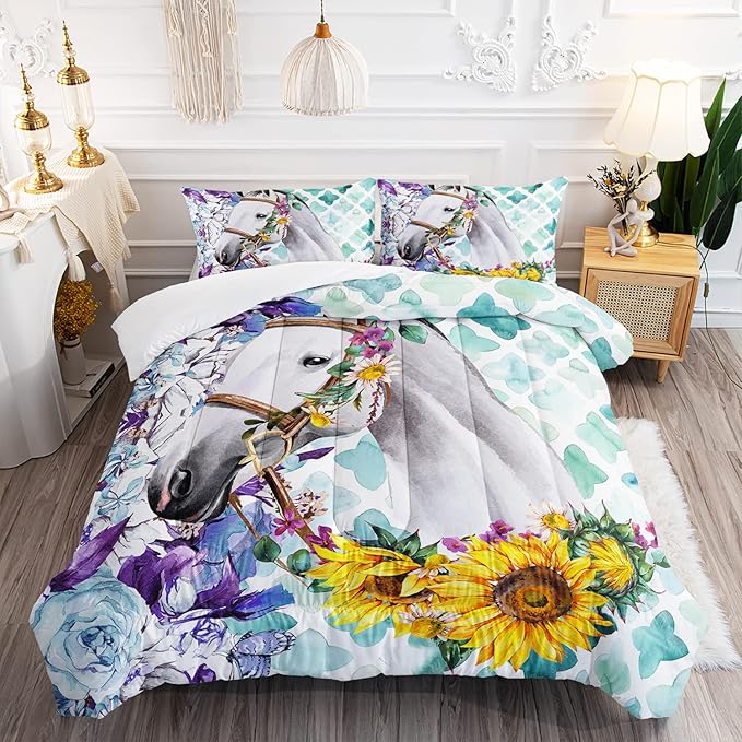 Kid Sunflower Horse Comforter Set 3Pcs Rose Butterfly Retro Horse Bedding Set for Boys Girls Adult, 1 Comforter + 2 Pillowcases