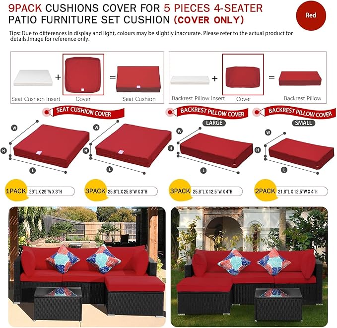 ClawsCover 9Pack Outdoor Seat and Back Cushions Replacement Covers Fit for 5 Pieces 4-Seater Wicker Rattan Patio Conversation Set Sectional Couch Furniture,Red-Include Covers Only (Large)