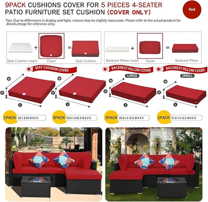 ClawsCover 9Pack Outdoor Seat and Back Cushions Replacement Covers Fit for 5 Pieces 4-Seater Wicker Rattan Patio Conversation Set Sectional Couch Furniture,Red-Include Covers Only (Large)