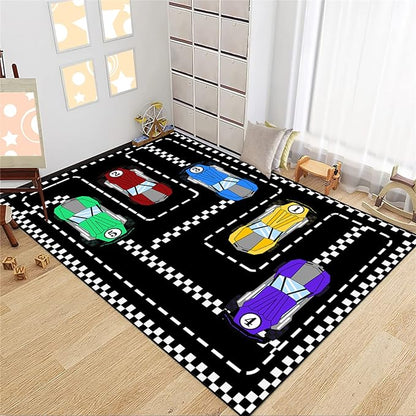 Car Rug Race Car Rug Car Track Rugs for Boys Race Track Carpet Race Car Track Rug Car Rug for Boys Room Car Rug Play Mat Car Carpet for Kids Rugs for Boys Bedroom,Black 3'×4'