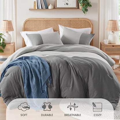 Grey Twin Comforter Set - Modern Soft Farmhouse Bedding for Teen Boys, Kids Colorblock Pattern Bed Sets for All Season, 2 Pieces includes 1 Comforter, 1 Sham (66"x 90")