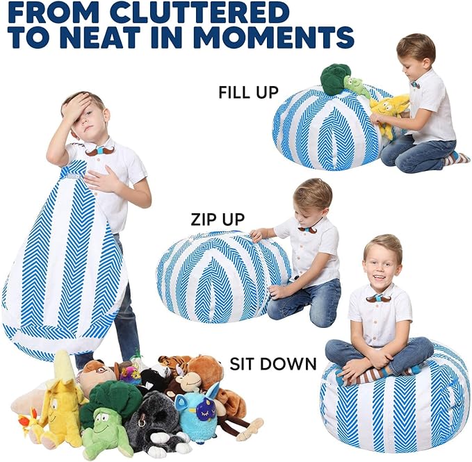 5 STARS UNITED Stuffed Animal Storage Bean Bag – Toy Storage Organizer and Bean Bag Chair for Kids Holds up to 90+ Plush Toys – Cotton Canvas Bags Cover for Boys and Girls Ages 4-11, Blue Stripes