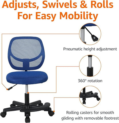 Amazon Basics Kids Adjustable Mesh Low-Back Swivel Study Desk Chair with Footrest, Blue