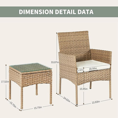 3 Pieces Patio Set Balcony Furniture Sets for Apartments.Bistro Furniture Set, Conversation Sets with Coffee Table, for Porch, Patio, Garden and Removable Cushions Beige