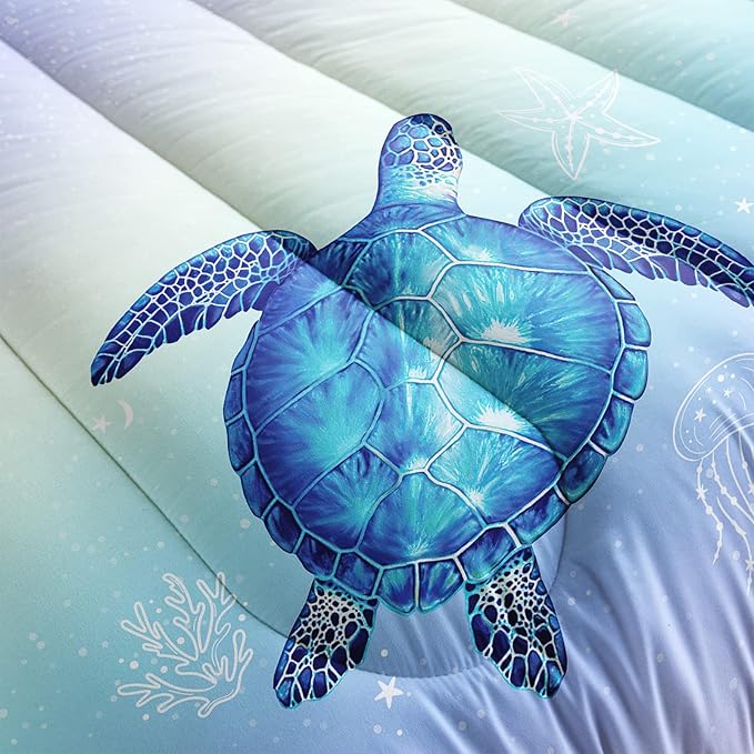 Turtle Comforter Queen Size,Ocean Comforter Set for Kids Teens Girls Boys,3Pcs Bedding Set Printed Comforter with 2 Pillowcases,Down Alternative,Soft and Lightweight(Blue，Queen Size)