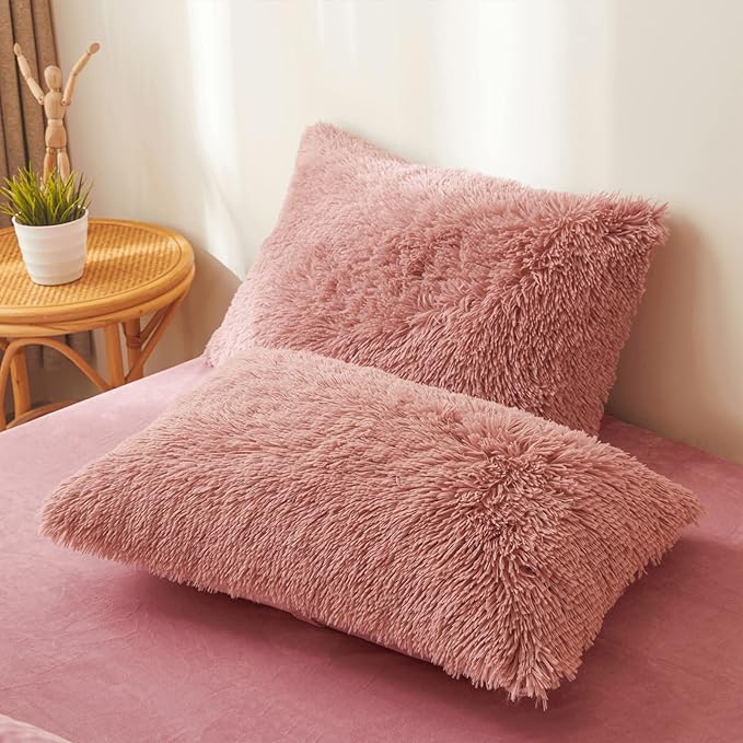 Fluffy old pink comforters Cover twin size - Ultra Soft Plush old pink bedding Sets 2 Pieces (1 faux fur comforter Cover + 1 fuzzy pillow case) girls shaggy old pink twin bed set (Old Pink, Twin)