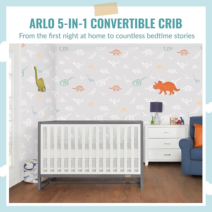Arlo 5-in-1 Convertible Crib in Steel Grey and White, JPMA Certified, 3 Mattress Height Settings, Non-Toxic Finish, Made of Sustainable and Sturdy Pinewood