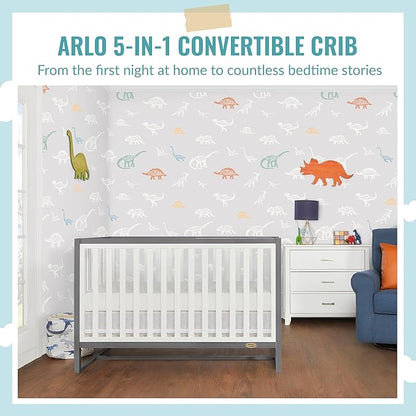 Arlo 5-in-1 Convertible Crib in Steel Grey and White, JPMA Certified, 3 Mattress Height Settings, Non-Toxic Finish, Made of Sustainable and Sturdy Pinewood