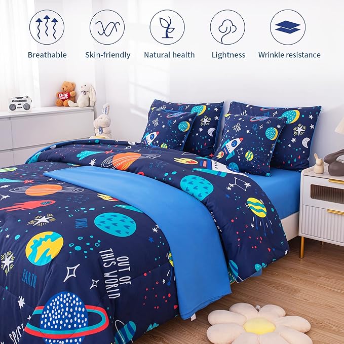Twin Comforter Set for Boys Girls Space Bedding,Twin Size Comforter Sets Galaxy Bedding Comforter Quilt Set Kids 7pieces,Full Size Bedding Sets with Comforter and Sheets