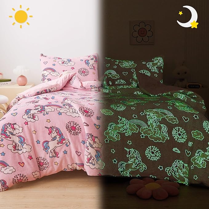 Mooreeke Glow in The Dark Full Plush Fleece Comforter Bed Set, Soft & Warm 3 Piece Bed in A Bag with Sham, Velour Velvet Pink Unicorn Girls Kids Bedding Set, Fluffy Fuzzy Polar Cozy and Stylish
