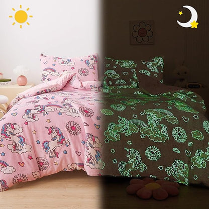 Mooreeke Glow in The Dark Full Plush Fleece Comforter Bed Set, Soft & Warm 3 Piece Bed in A Bag with Sham, Velour Velvet Pink Unicorn Girls Kids Bedding Set, Fluffy Fuzzy Polar Cozy and Stylish