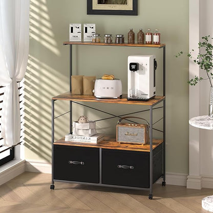 VECELO Mobile Lateral File Cabinet Rolling Printer Stand with 3 Open Storage Shelf, Ideal for Letter Size Folders, with Lockable Casters, Strong Steel Frame, Perfect for Office, 2 Drawer, Brown+Black
