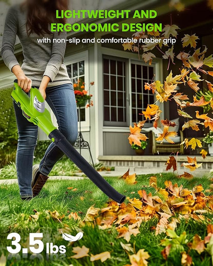 HARDELL 18V Cordless Leaf Blower, Battery Powered Leaf Blower for Lawn Care, Electric Mini Leaf Blower, 130MPH/98CFM, Bright Green (Battery & Charger Included)