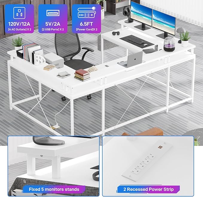 U Shaped Computer Gaming Desk, Reversible L Shaped Desk with Power Outlets, LED Strip & Monitor Stand, Large Corner Desk with Storage Shelves for Home Office, White