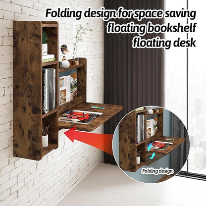 Pmnianhua Farmhouse Floating Desk,41''Wall Mounted Desk,L Shaped Folding Table,Fold Down Laptop Computer Desk with Storage for Wall Bedroom Small Space (Rustic Brown-Left)