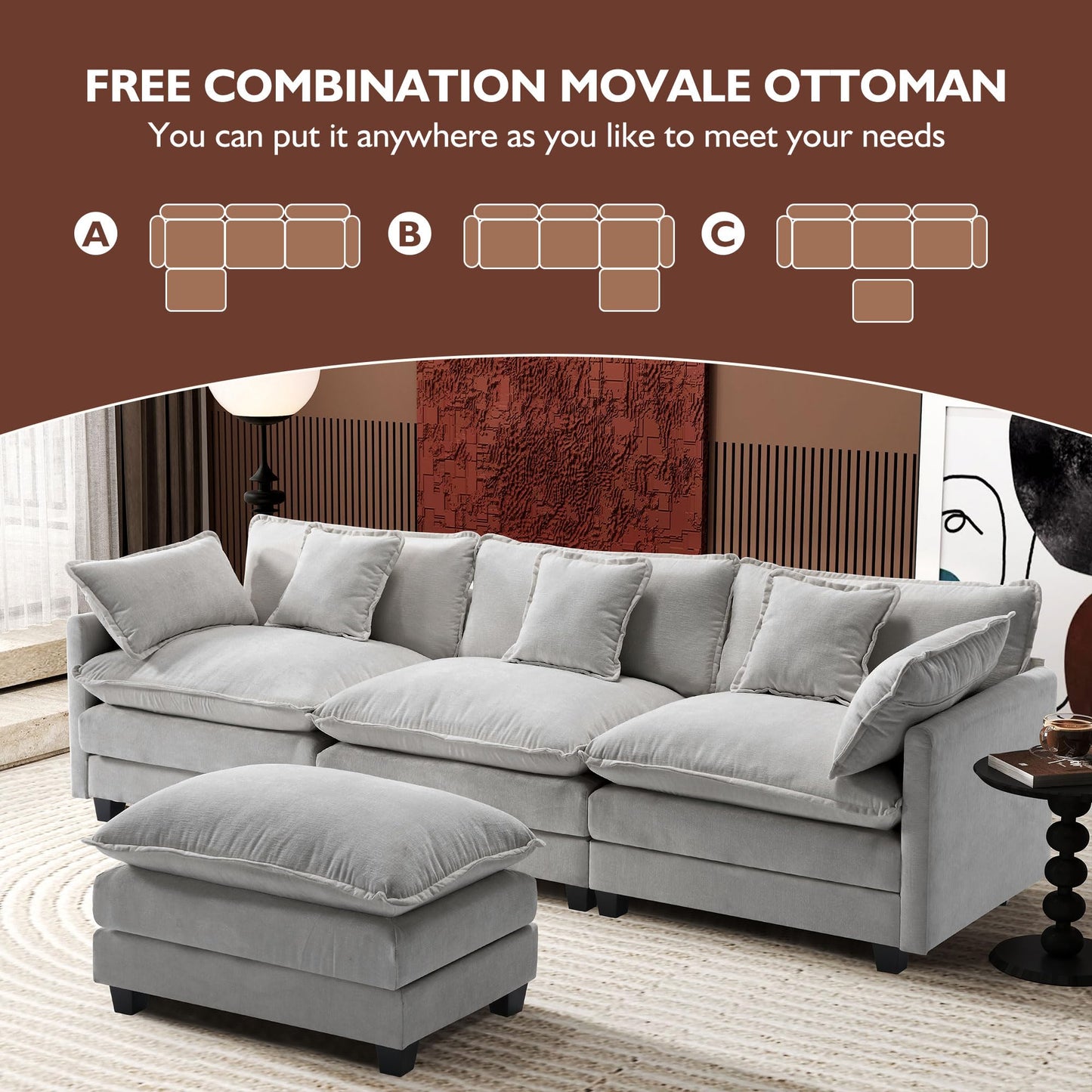 Ihanherry 111.4" L Shaped Modern Sofa Modular Sectional Cloud Couch with Ottoman, 4-Seat Chenille Deep Seat Sofa with Pillow for Living Room, Bedroom and Apartment, Beige