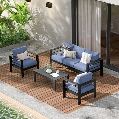 Wisteria Lane Aluminum Outdoor Patio Furniture Set, 4 Pcs Modern Outdoor Conversation Set Sectional Sofa with Upgrade Cushion and Coffee Table for Balcony,Black Frame and Blue Cushion