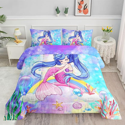 Datura home Kids Mermaid Comforter Set for Girls Women,Cute Mermaid Girl and Rainbow Shell Starfish Printed Pattern Blue Kawaii Bedding Set with 2 Pillowcases(Mermaid Girl Full)