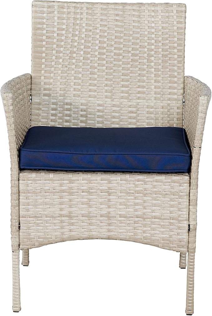 BTEXPERT Outdoor Wicker Conversation 3 Piece Bistro Set Garden Patio Yard Porch Furniture Space Saving Pe Rattan 2 Chairs Cushions Side Storage Glass Table Stone Gray/Navy Blue 3pc