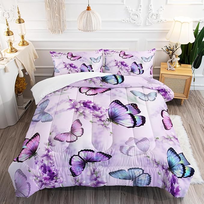 Purple Lavender Butterfly Comforter Set for Girl Kid Adult Colorful Butterfly Pattern Bedding Set Aesthetics Butterflies Quilt Bed Set Queen Size with 1 Comforter and 2 Pillowcases
