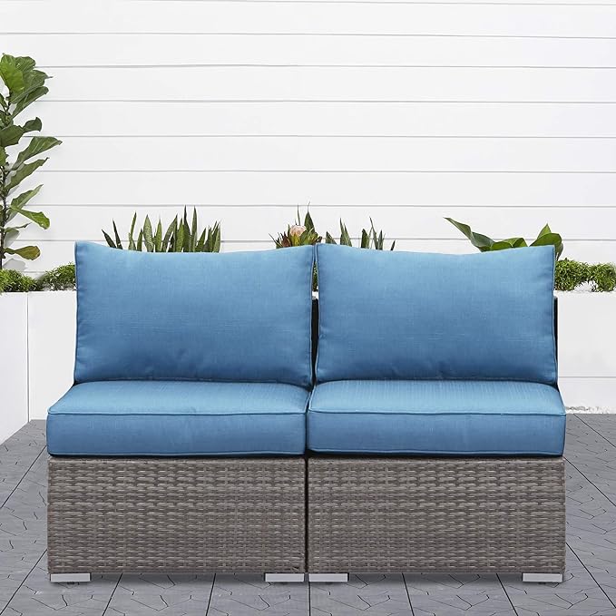 Wisteria Lane 2 Piece Patio Armless Sofa, Outdoor Wicker Sectional Furniture with Cushion, Additional Loveseats for Garden Backyard, Blue