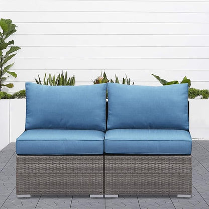 Wisteria Lane 2 Piece Patio Armless Sofa, Outdoor Wicker Sectional Furniture with Cushion, Additional Loveseats for Garden Backyard, Blue