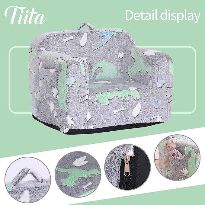 Tiita Kids Sofa, Children Couch with Carrying Handle & Side Pockets, Kids Foam Chair, Toddler Armrest Chair,Kids Read Sofa for Girl or Boy(Dark Grey Dinosaur)