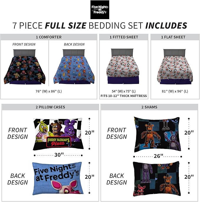 Franco Kids Bedding Super Soft Comforter and Sheet Set with Sham, 7 Piece Full Size, Five Nights At Freddy's