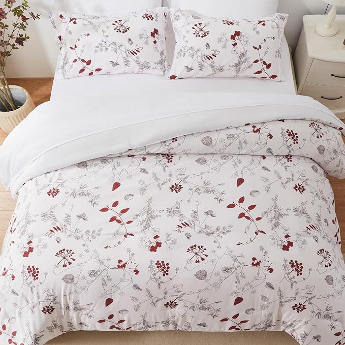 EMME Queen Comforter Set - Red Floral Bedding Set 7 PCS with Flowers Leaves Pattern, Soft Plant Printed Botanical Bed Set with Sheets, Fluffy Bed Bag for All Season(90"X90")