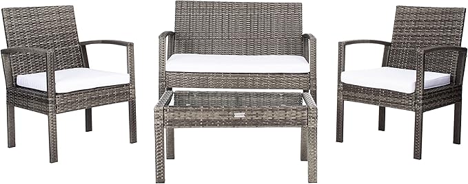 SAFAVIEH Outdoor Collection Bassey Grey Brown/White Cushion 4-Piece Conversation Patio Set PAT7507C