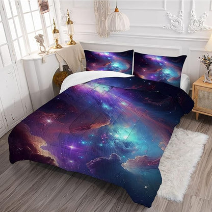 Galaxy Bedding Set Twin Size Blue Purple Outer Space Comforter Sets for Girls Boys Kids Teens Women Starry Glitter Nebula Quilt 1 Comforter + 1 Pillow Case