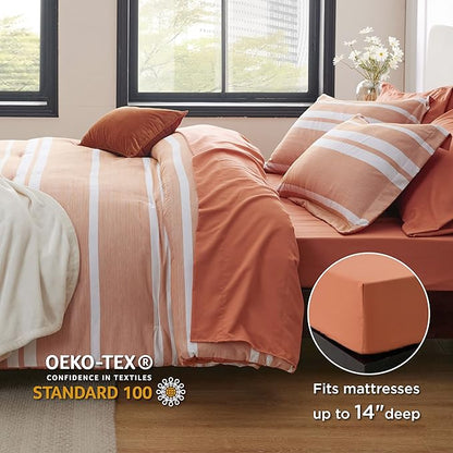 Bedsure Bed in a Bag California King Size 7 Pieces, Burnt Orange White Striped Bedding Comforter Sets All Season Bed Set, 2 Pillow Shams, Flat Sheet, Fitted Sheet and 2 Pillowcases