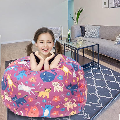 Stuffed Animal Storage Bean Bag Chair Cover, Hold Kids Plush Toys Blankets Towels Beanbag (Cover Only), Canvas Floor Circle Stuff Sit Seat Sofa with YKK Zipper, Extra Large 38", Cat