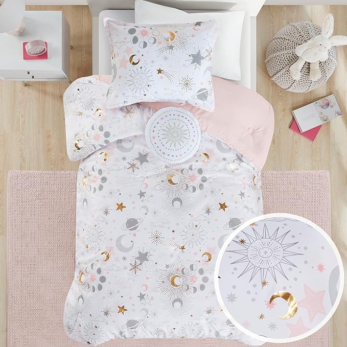 Mi Zone Kids Full Comforter Set, Celestial Metallic Comforter Set Starry Sky, Moon & Sun Comforters, All Seasons Lightweight & Fluffy Comforter Bed Set, 2 Shams, Celia, Full/Queen, Blush/Gold 4 Piece