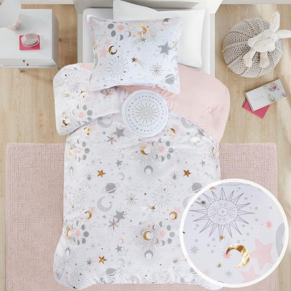 Mi Zone Kids Full Comforter Set, Celestial Metallic Comforter Set Starry Sky, Moon & Sun Comforters, All Seasons Lightweight & Fluffy Comforter Bed Set, 2 Shams, Celia, Full/Queen, Blush/Gold 4 Piece