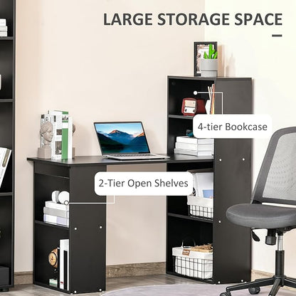 HOMCOM Modern Home Office Desk with 6-Tier Storage Shelves, 47" Writing Table with Bookshelf, Black