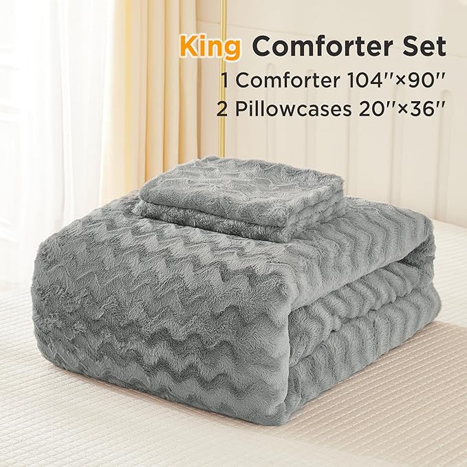 Andency Grey Fleece Comforter Set King, 3 Pieces Fuzzy Fluffy Faux Fur Bedding Comforter, Plush Shaggy Sherpa Bed Set for Winter (104x90Inch Comforter)