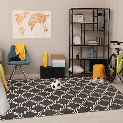 Chicrug Shag Geometric 7x10 Area Rug for Living Room, Large Modern Memory Foam Indoor Carpet, Fluffy Rug for Bedroom Bedside Room Decor for Family Girls Kids Nursery, Brown/White