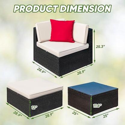 Greesum 3 Piece Patio Conversation Set Wicker Rattan Furniture Outdoor Sofa with Cushions,Pillows and Glass Table for Porch,Lawn and Yard, Beige