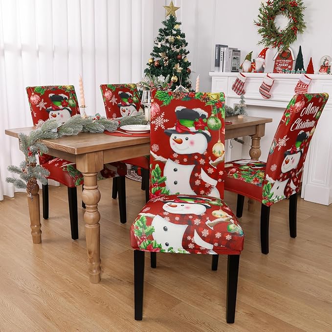 U'Artlines Christmas Chair Covers Set of 4, Removable Washable Merry Christmas Dining Chair Seat Covers Stretch Protector Slipcovers for Dining Room Kitchen Holiday Party Decor, Snowman