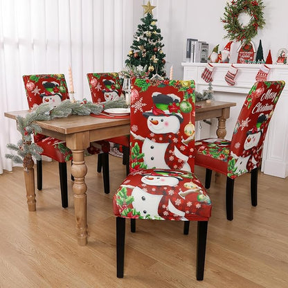 U'Artlines Christmas Chair Covers Set of 4, Removable Washable Merry Christmas Dining Chair Seat Covers Stretch Protector Slipcovers for Dining Room Kitchen Holiday Party Decor, Snowman
